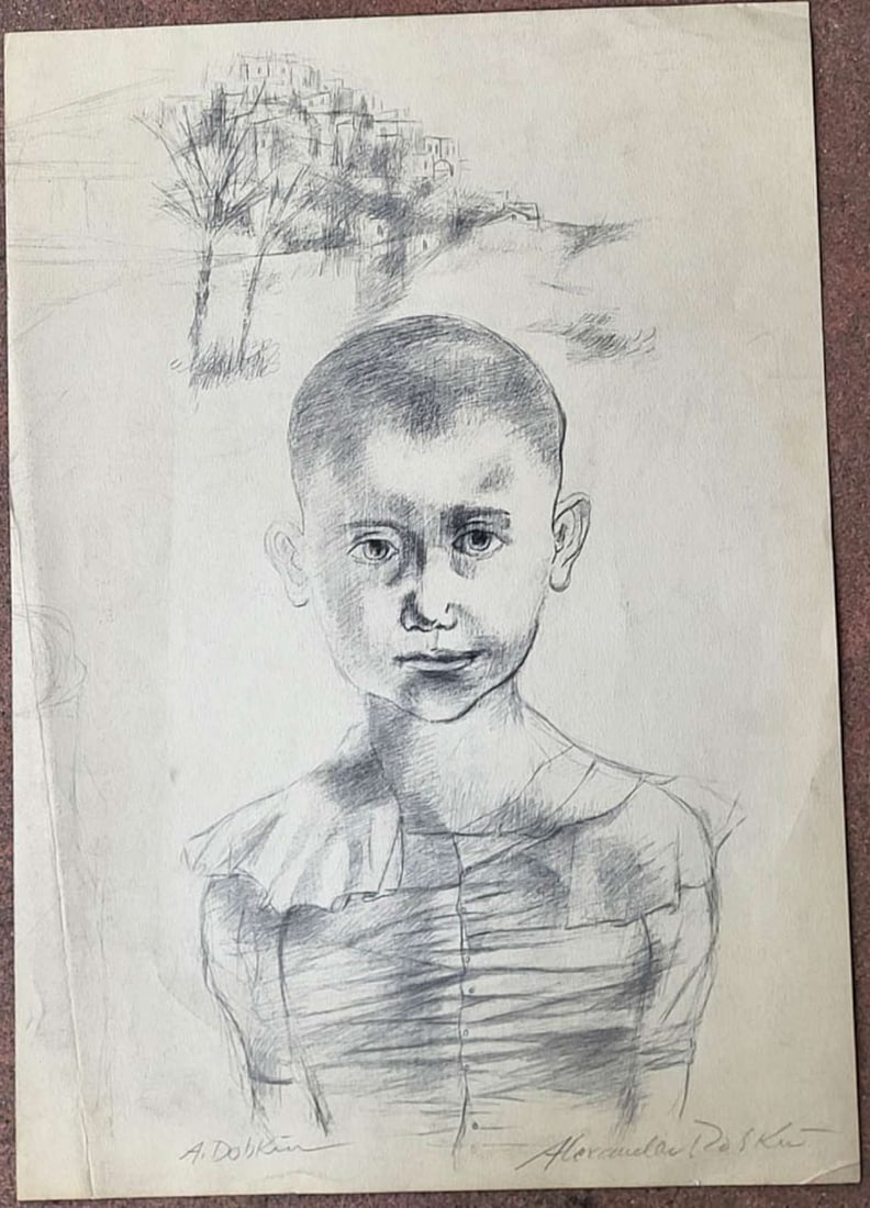 original vintage Alexander Dobkin drawing: large format original pencil illustration drawing on paper signed by the artist lower left AND right as shown Alexander Dobkin (1908 - 1975) and depicting a young boy in the foreground and hillside to