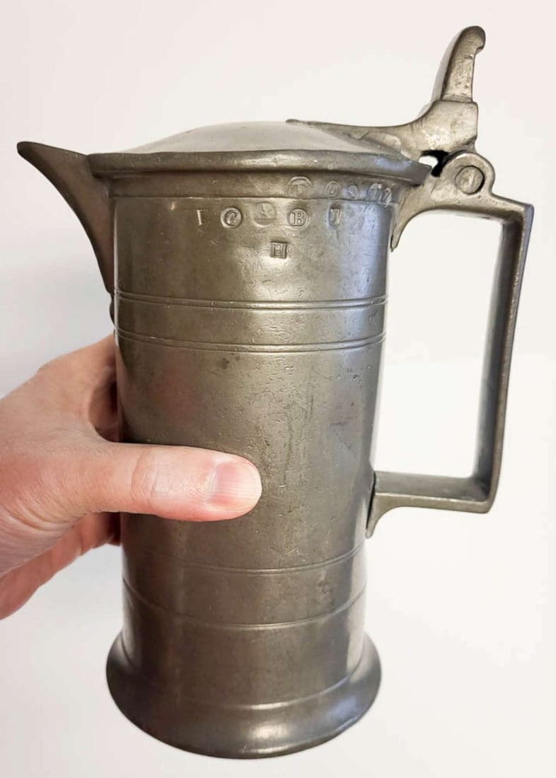 antique French pewter handled pitcher: original antique dealer's tag suggest this is a ca. 1850 French 1 liter metric measure flacon or lidded tankard, extensively marked as shown on the bottom and along rims