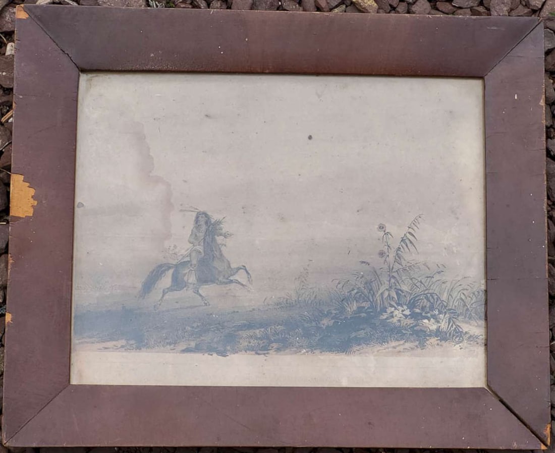 antique framed Native American lithograph: framed antique engraving or book plate depicting a Native American Indian man on horseback with barely legible text below: Plain Between San Joaquin and Kings Rivers Info from online search: "The