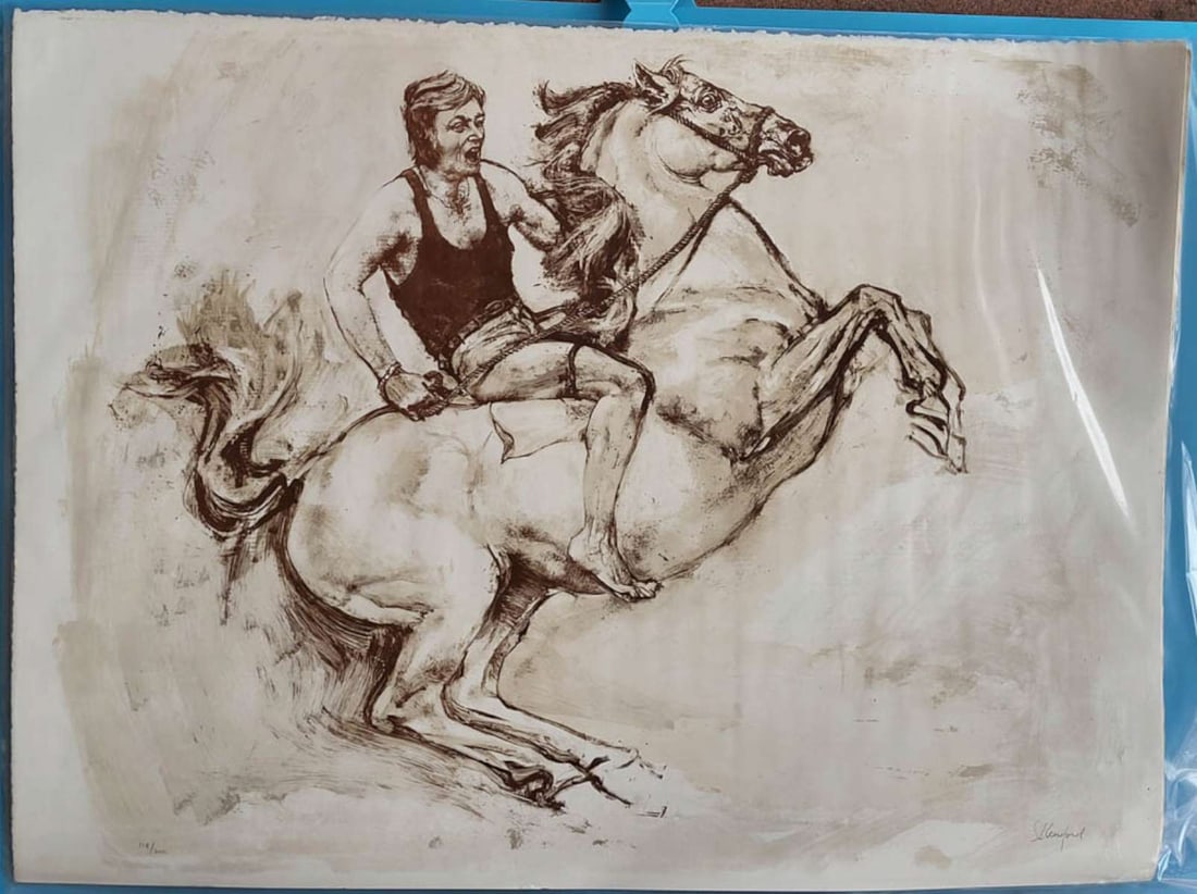 vintage horse print by listed artist: this is a limited edition print (the original drawing is hanging in the Tate Gallery) by Susan Crawford, titled Horse and Rider and numbered 118 of 200