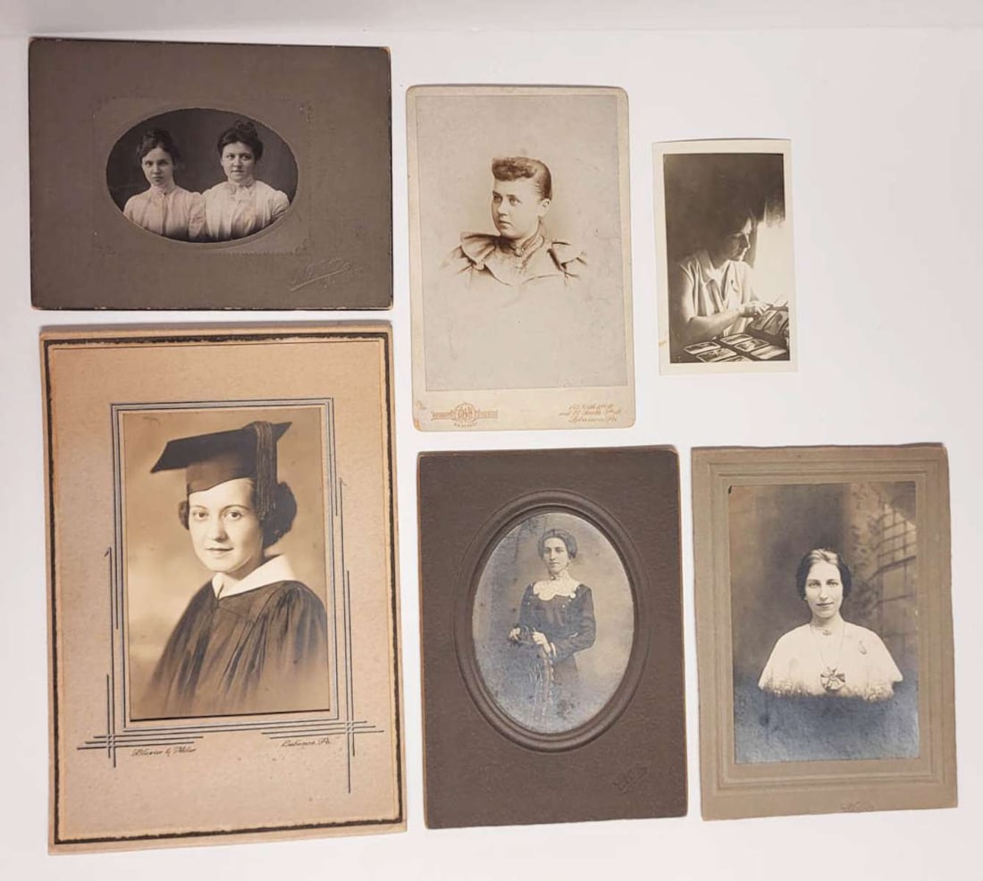 vintage portrait photographs featuring women: set or lot of six vintage black and white and sepia toned photographs depicting women posing for the camera, photographers include Wolfe, Blazier and Miller, M.G. Ritter, Herbs