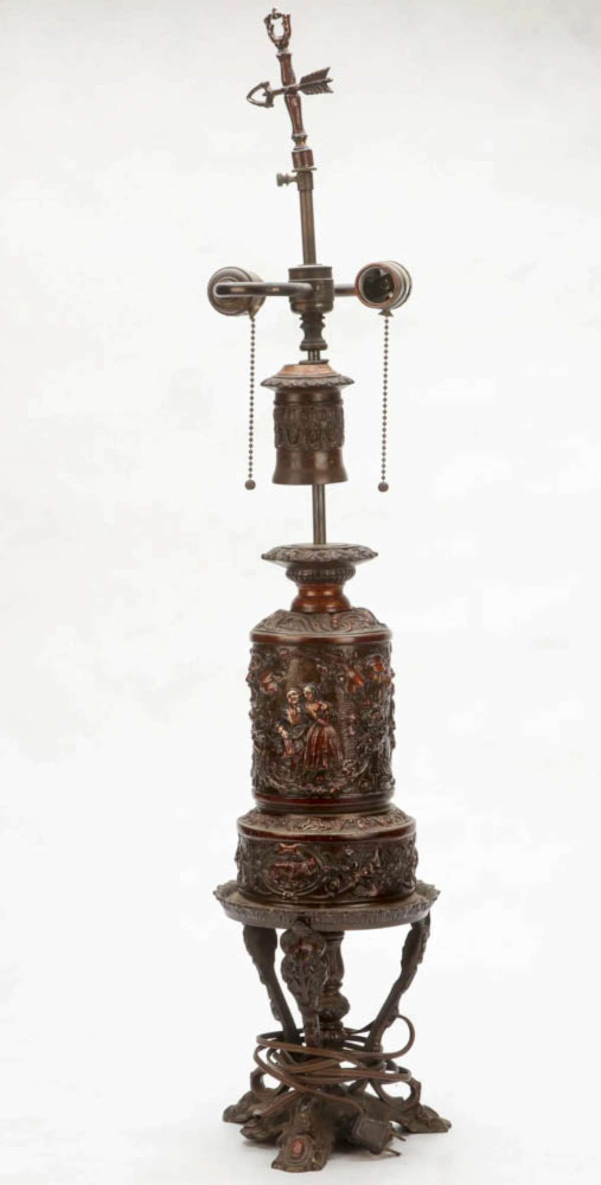 antique designer converted oil lamp: 1800's style kerosene or oil lamp with vintage electric conversion with double sockets (each with pull chain), marked as shown Frederick Cooper Lamps Chicago and mismatched finial as shown&