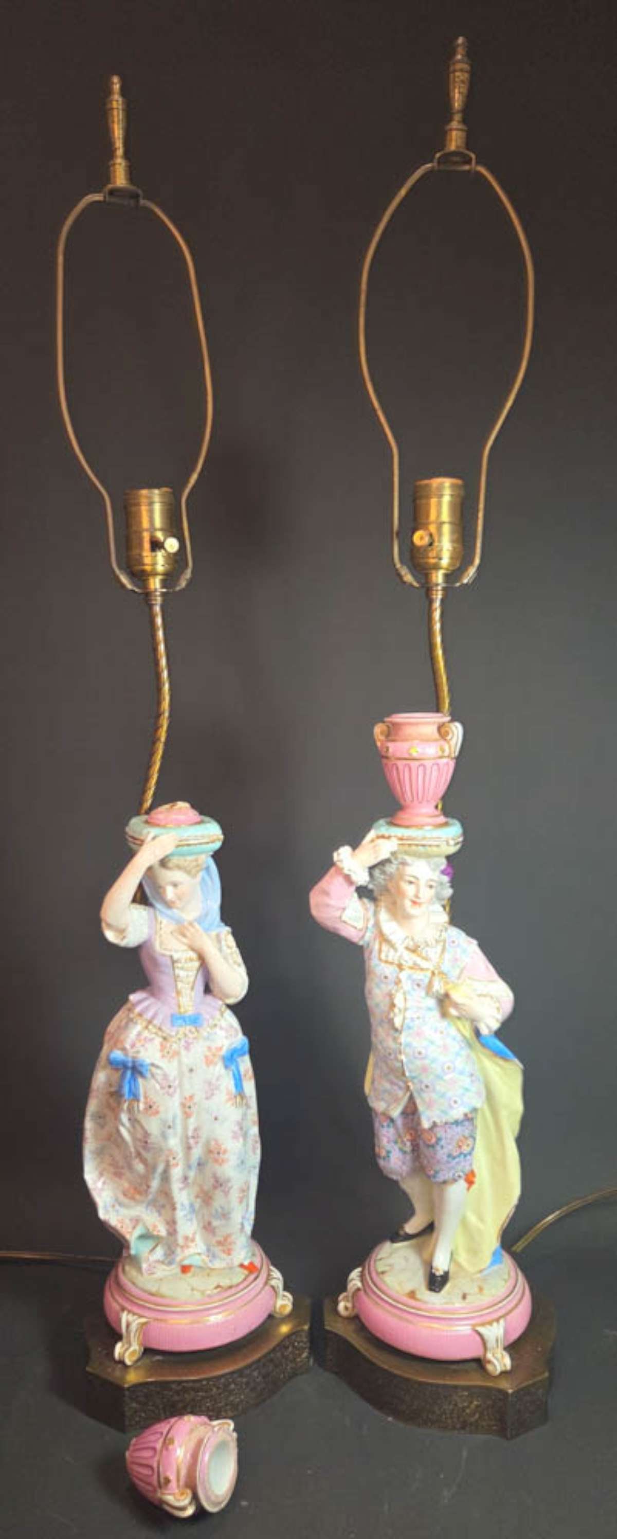 PAIR antique figural porcelain statue table lamps: antique porcelain lady and gentleman pair of candlesticks or candle holders, vintage brass conversion to electric lamps, cannot see maker's marks but probably French or German, 