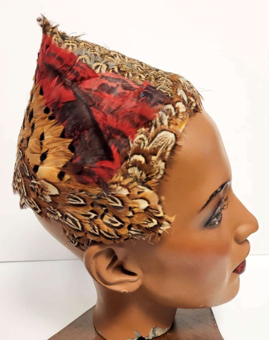 antique Flapper Era feather hat: vintage or antique Art Deco period ladies' skullcap whimsey or pointed hat with multi colored and brown Pheasant or other bird feathers and dusty pink lining, no maker's label