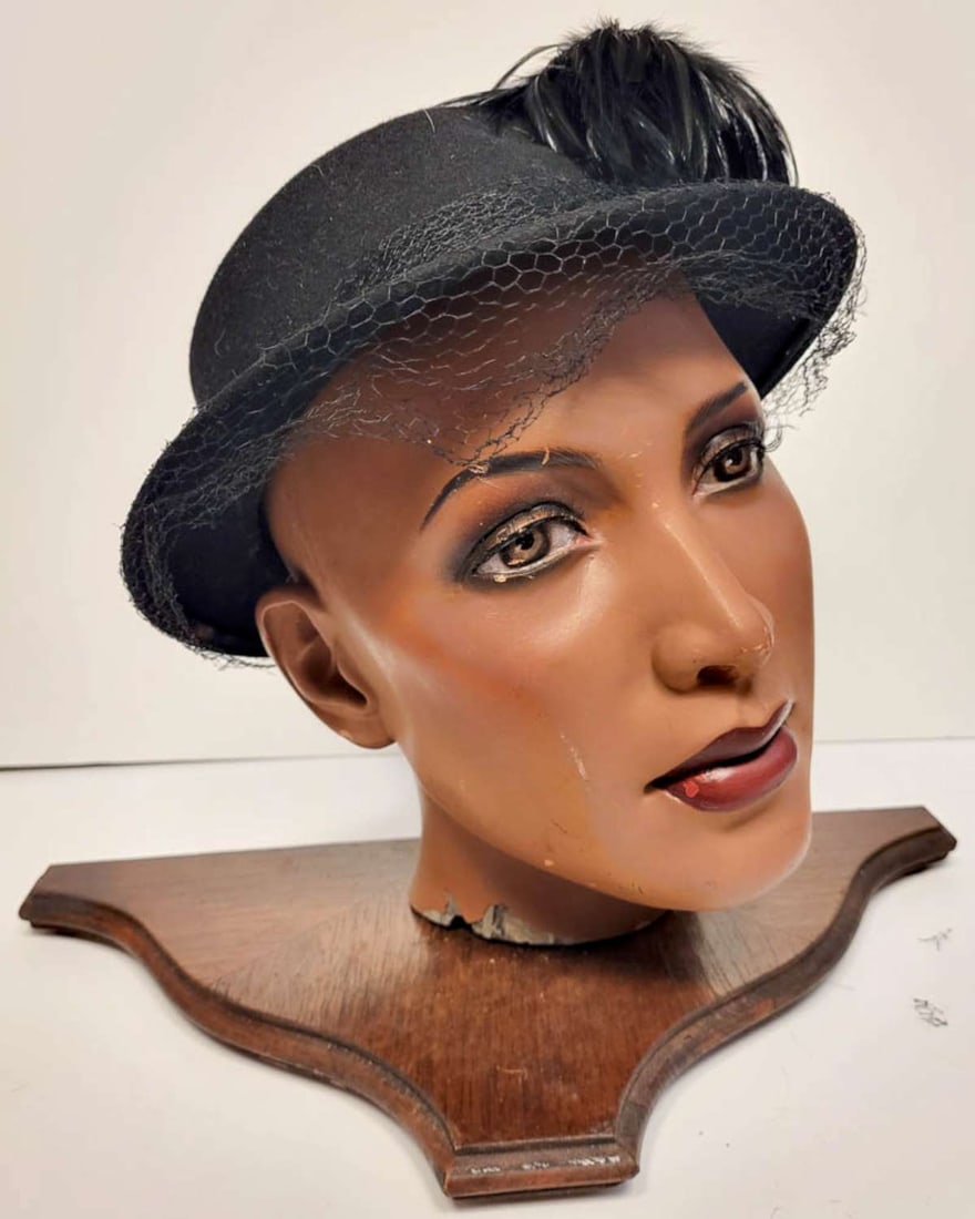vintage ladies hat with feathers: black felted wool ladies' hat with rim and clip-on feather piece and mesh veil, original maker's stamp for Neumann-Endler Inc Fair Field Felts 100 percent wool