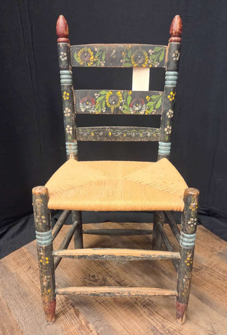 antique Primitive painted rush seat chair: antique side or occasional chair in Primitive style with very old hand painted floral or flower designs and rush woven seat, one customer suggested this is a Mexican Folk Art chair chair is 37&q