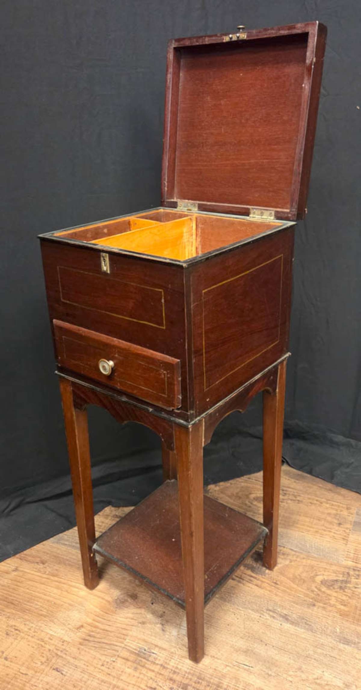 antique cabinet on stand: unusual small table or stand.....not sure if this was meant as a humidor (but not copper lined), flatware chest (not enough slats) or sugar or spice chest (?), top is NOT detachable and th