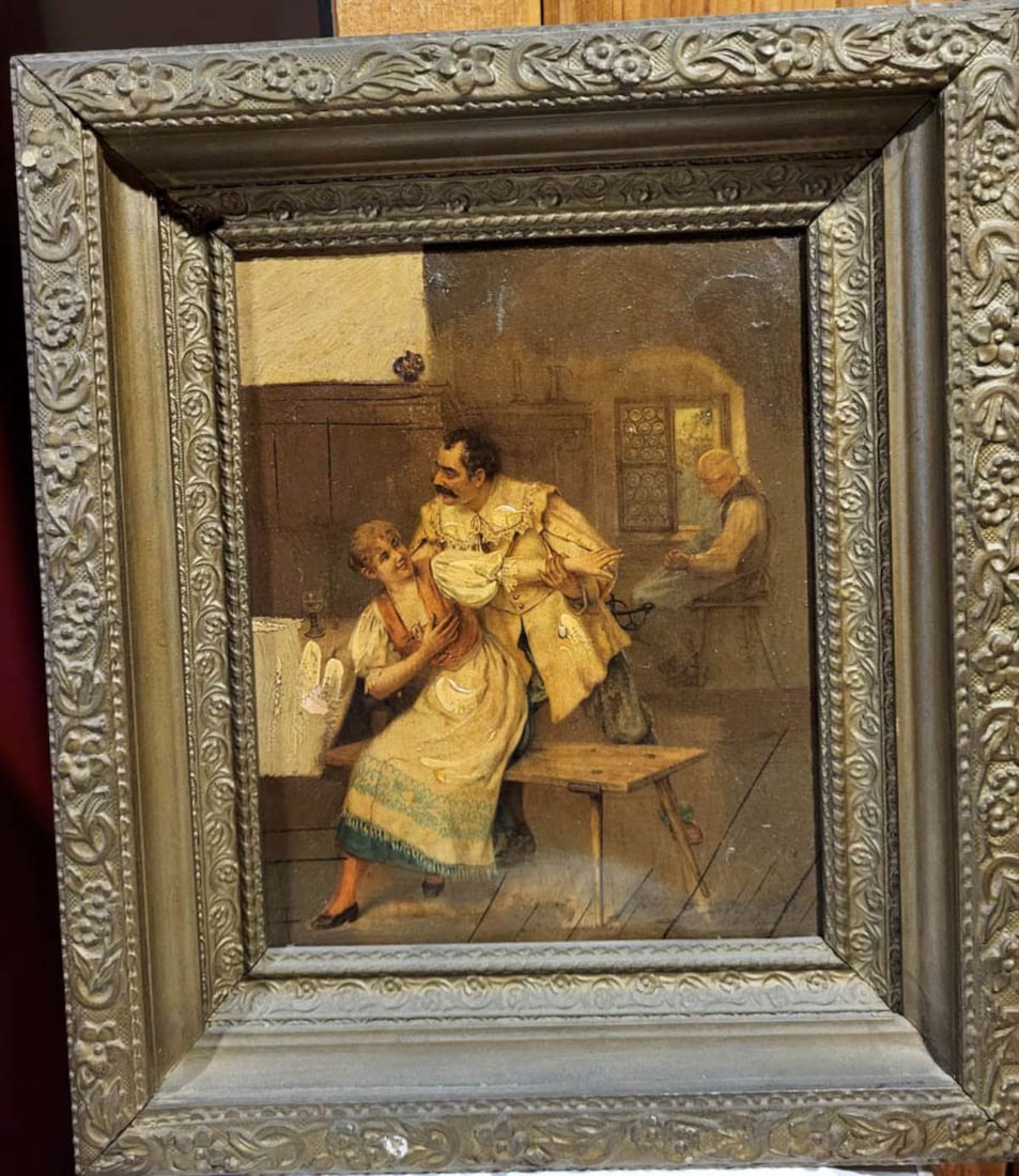 antique European oil painting genre scene: oil painting signed with an illegible crown and letters shaped mark (see close-up above the man's head), looks to be either a French or Flemish (Dutch?) interior genre painting in a beautif