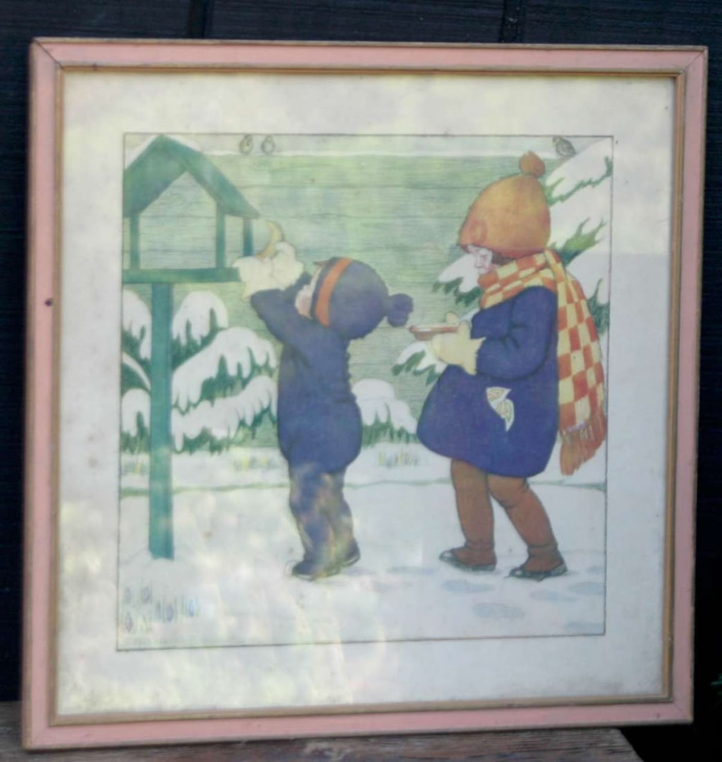 antique Dutch artist framed children's illustration: Dutch (from Holland or The Netherlands) illustration (not examined out of the frame, not 100 percent sure if this is an original gouache or chromo lithograph print!) depicting a little girl and 