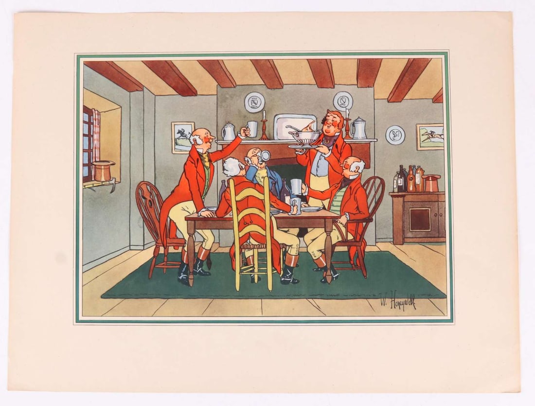 large vintage color print of English scene: large chromolithograph print in vibrant colors of a scene of English gentlemen having dinner in a kitchen with large fireplace, signer lower right as shown W. Honeywell, unframed 18 3/4&qu