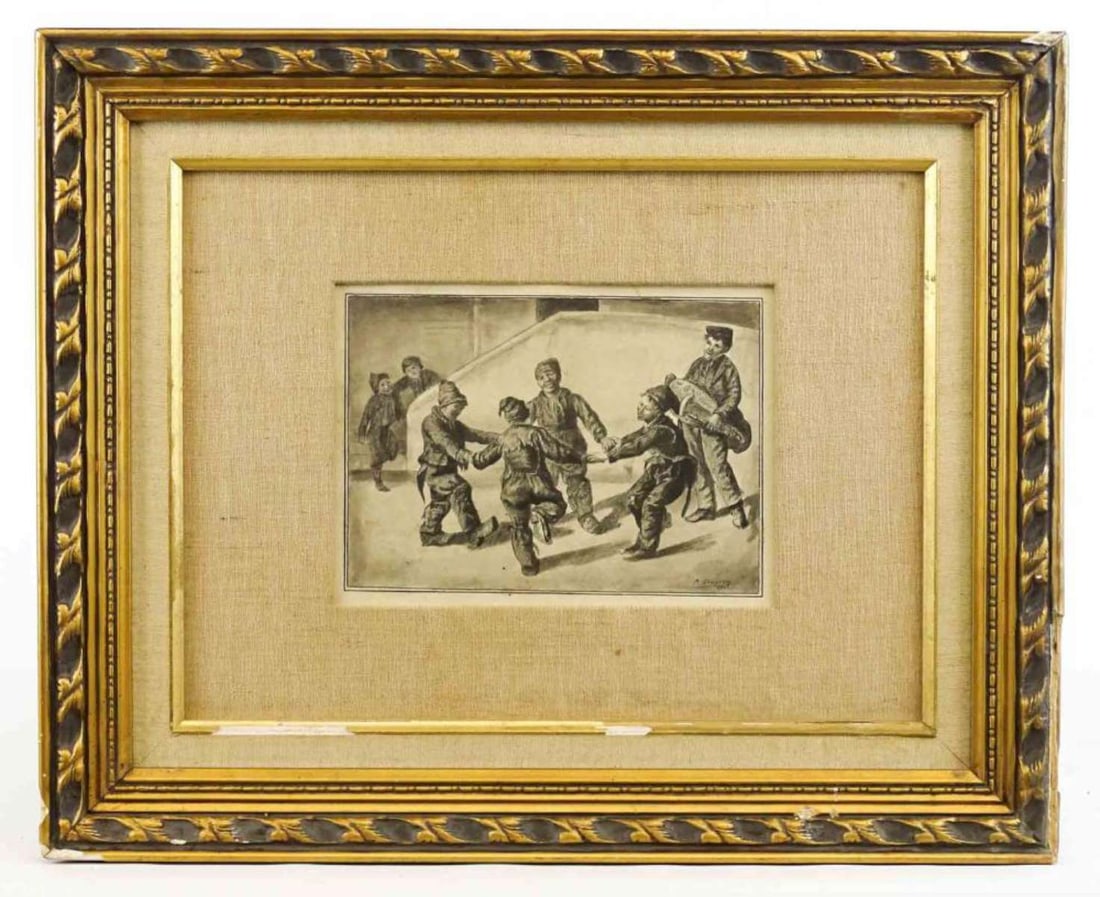 vintage or antique book engraving of children playing: gilt wooden framed and linen matted book engraving depicting children dancing (school kids? orphans?) with one boy holding some sort of musical string instrument, signed in the plate M. Chapron 