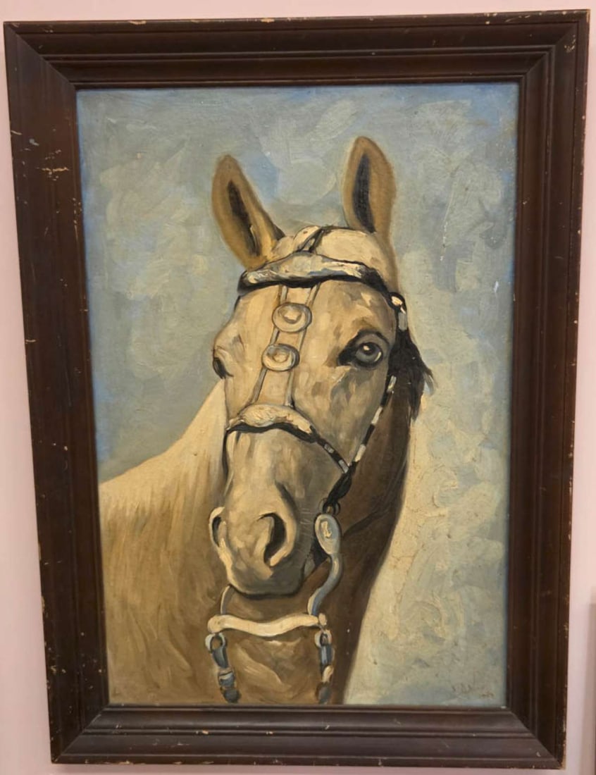 large original painting of a horse: illegibly signed lower right as shown, large framed oil painting depicting a beautiful white horse's portrait with blue eyes and wearing a bridle and bit frame about 29 7/8" wide by 41