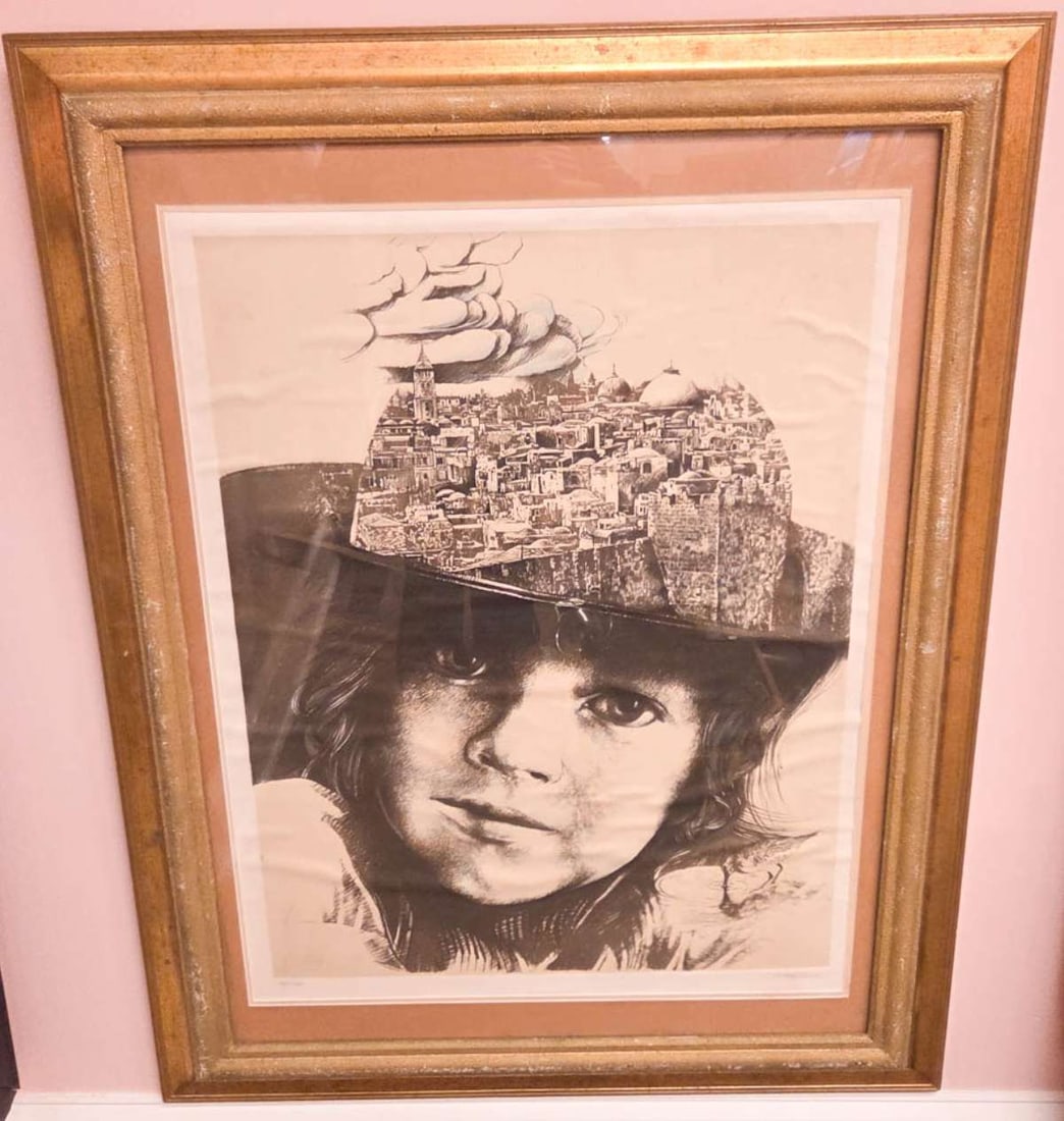 limited edition Girl with City Hat framed print: larged framed and matted print of Girl with City Hat by Ari Harpaz (Romania 1941 - Israel 2008), limited edition number 165 of 300 and pencil signed by the artist lower right as shown, in 