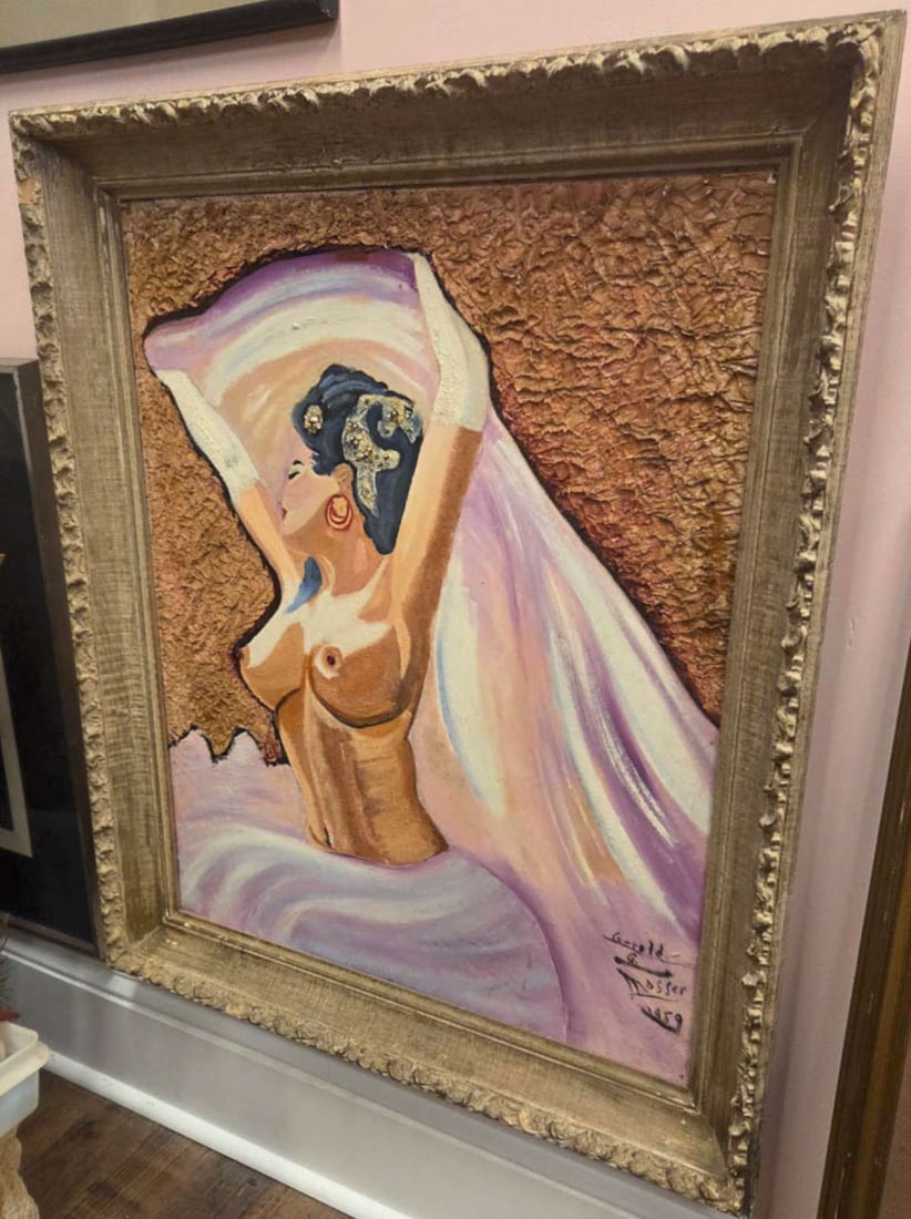 vintage MCM nude female dancer painting: signed lower right as shown Gerold (or Gerald) G. Mosser and dated 1959, this is a large framed oil painting depicting a semi nude woman with applied glass "stones" in her hair jewelry