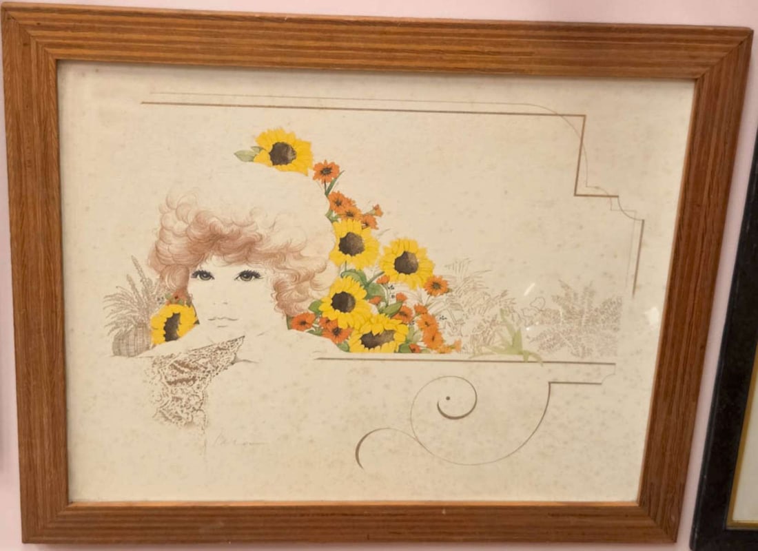 vintage groovy William Tara print in frame: large wooden frame with retro 1970's chromo lithograph print depicting a woman with big hair and colorful flowers behind her in yellow and orange, pencil signed Tara (1916 - 1973) as shown 