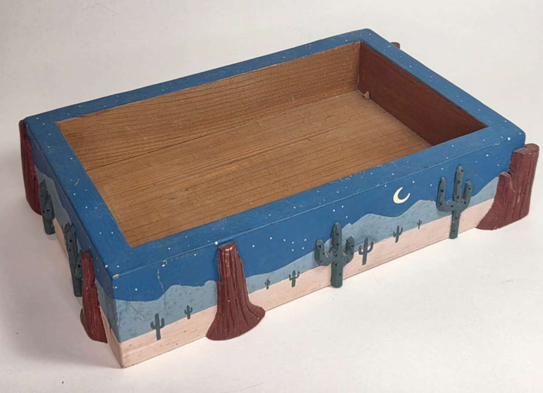 vintage Folk Art box artist signed: small wooden box or tray with vibrantly colored blue and white night time background with moon and desert landscape with applied cacti and rocks, signed by the artist as shown Custom Made for th