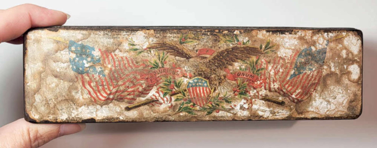 antique Civil War Era wooden box: antique wooden 1800's Folk Art or Primitive trinket or pencil pen box with hand painted lid with patriotic scene of Eagle bird with outstretched wings, E. Pluribus Unum and a shield with 9 