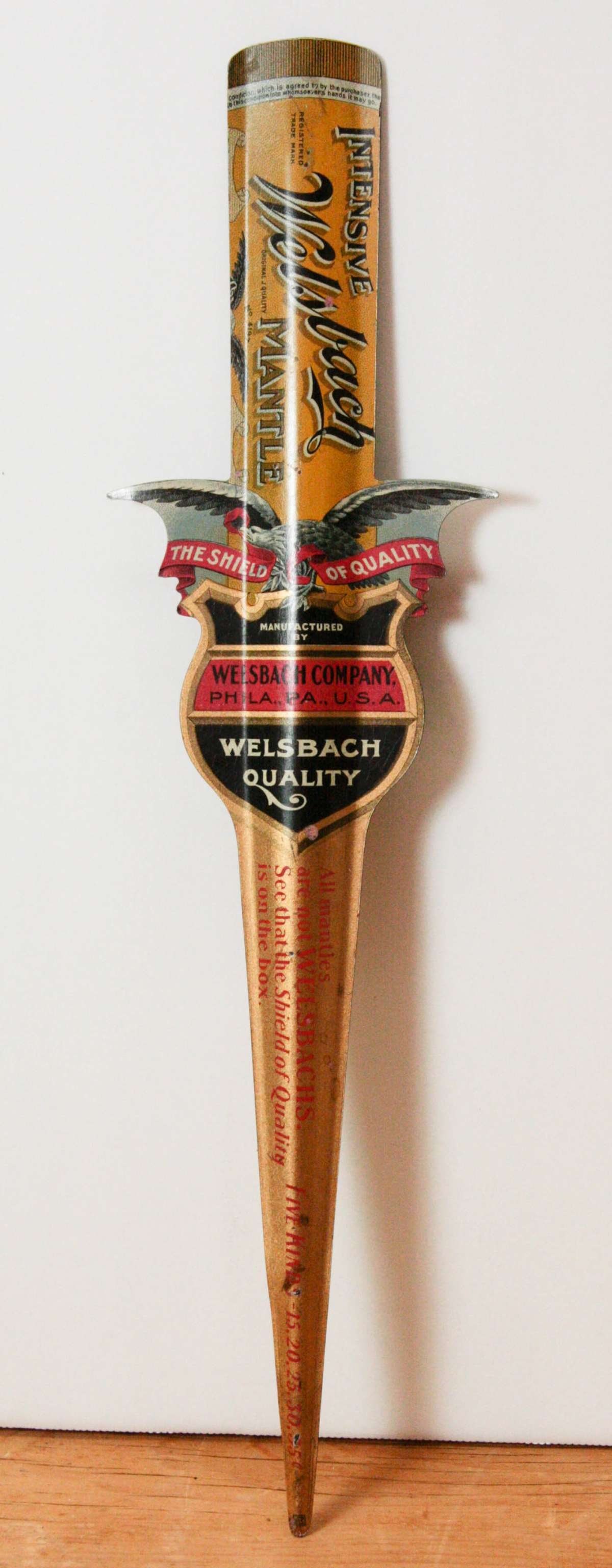 antique American advertising letter opener: This is a beautiful decorative antique metal letter opener promoting lamps and or lights made and sold by the Welsbach company or Philadelphia, PA. 10 1/2" long by 2 3/4" at its widest