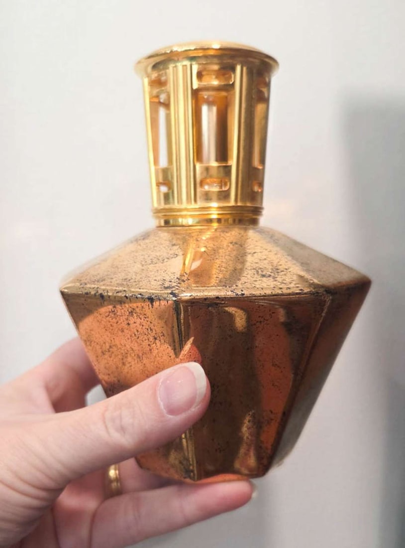vintage French perfume diffuser: Lampe Berger Paris Artoria Limoges scent diffuser in a gold octagon design, works using a catalytic burner and wick, which are designed to be used with specific Lampe Berger fragrance oils