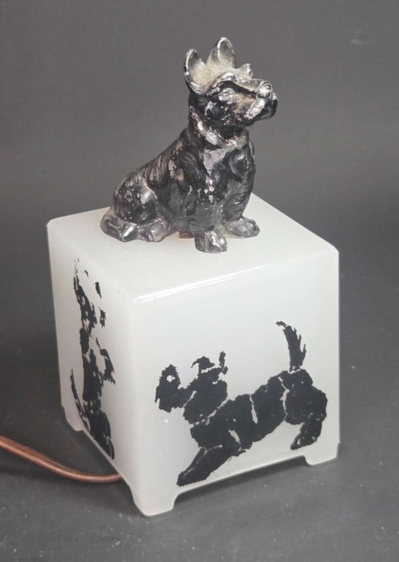 antique Art Deco period table lamp with dog: vintage or antique Art Deco period milk glass square boudoir lamp with hand painted black dog Scottish Terrier design on two sizes and on top a black Spelter or white pot metal figurine or figural Sco