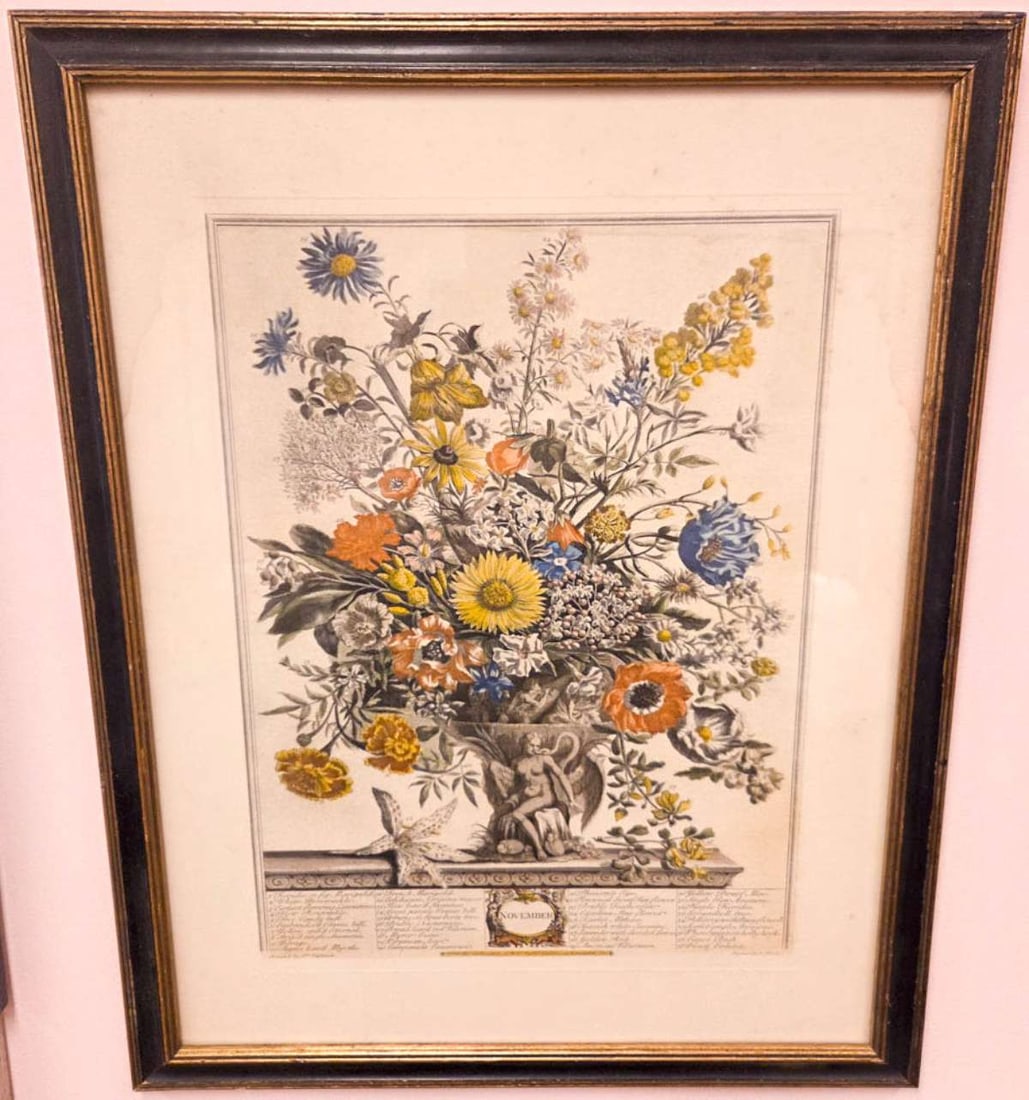 original 1730 engraving 12 Months of Flowers: large framed and matted antique engraving "November" from Robert Furber's book and engraved by Henry Fletcher, depicting an urn with Leda and the Swan (nude women and bird) and co