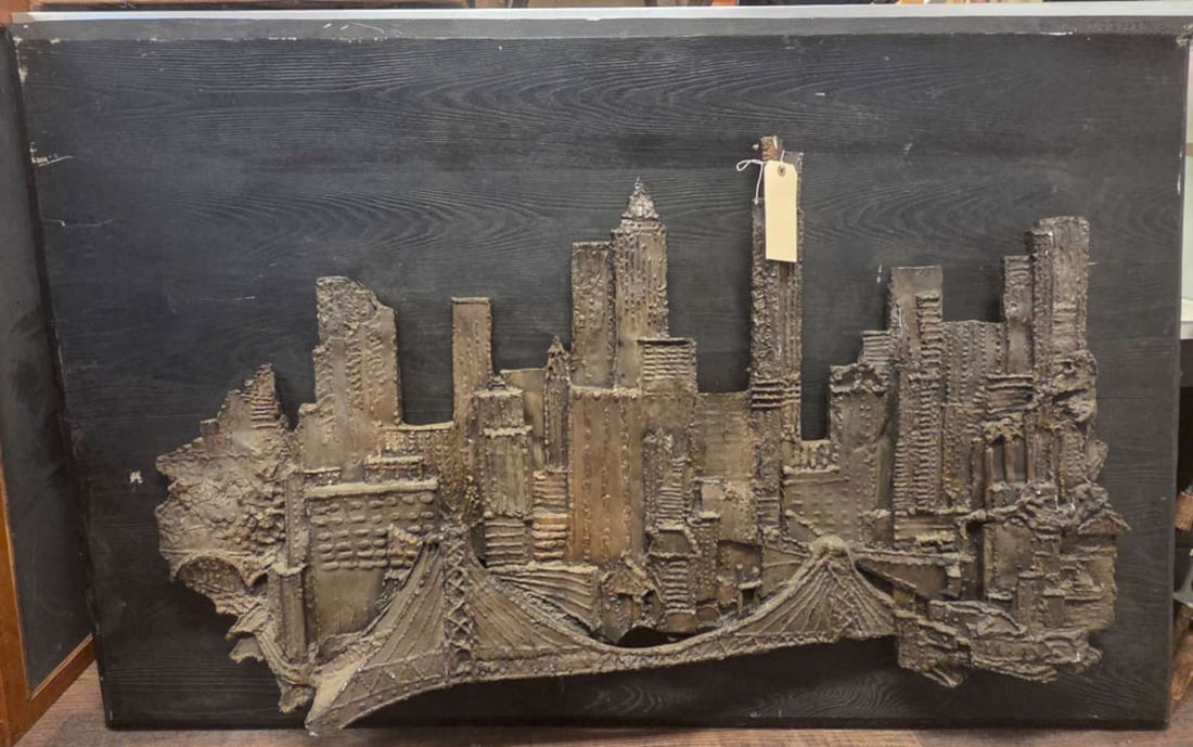 HUGE vintage Brutalist cityscape artwork NYC: unusual very large wall hung fiberglass or composite black painted background made to look like wood, marked Finesse Org with Brutalist style cut metal 3-D raised skyline design of tall skyscrap