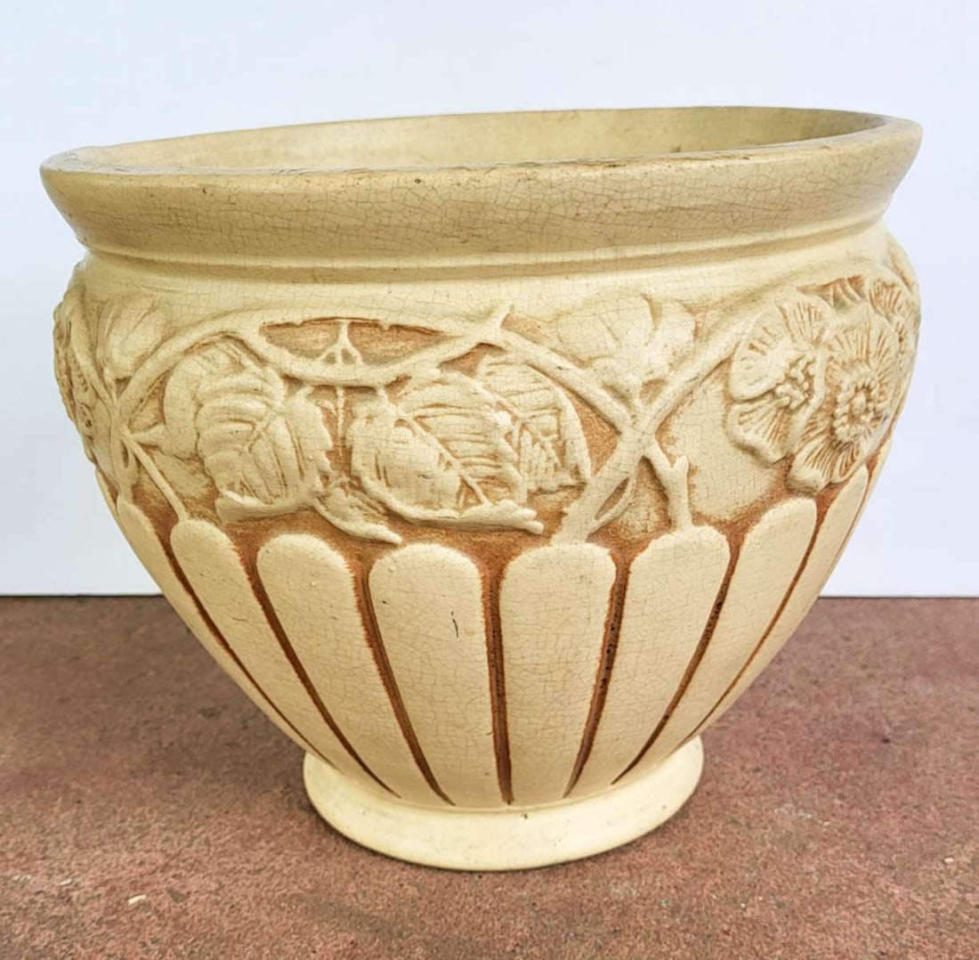 Weller pottery large jardiniere or plant pot: large vintage or antique unmarked planter, but most likely by Weller Clinton Ivory with floral or flowers and leaves design (Poppies) 11" widest diameter by 9 1/2" tall