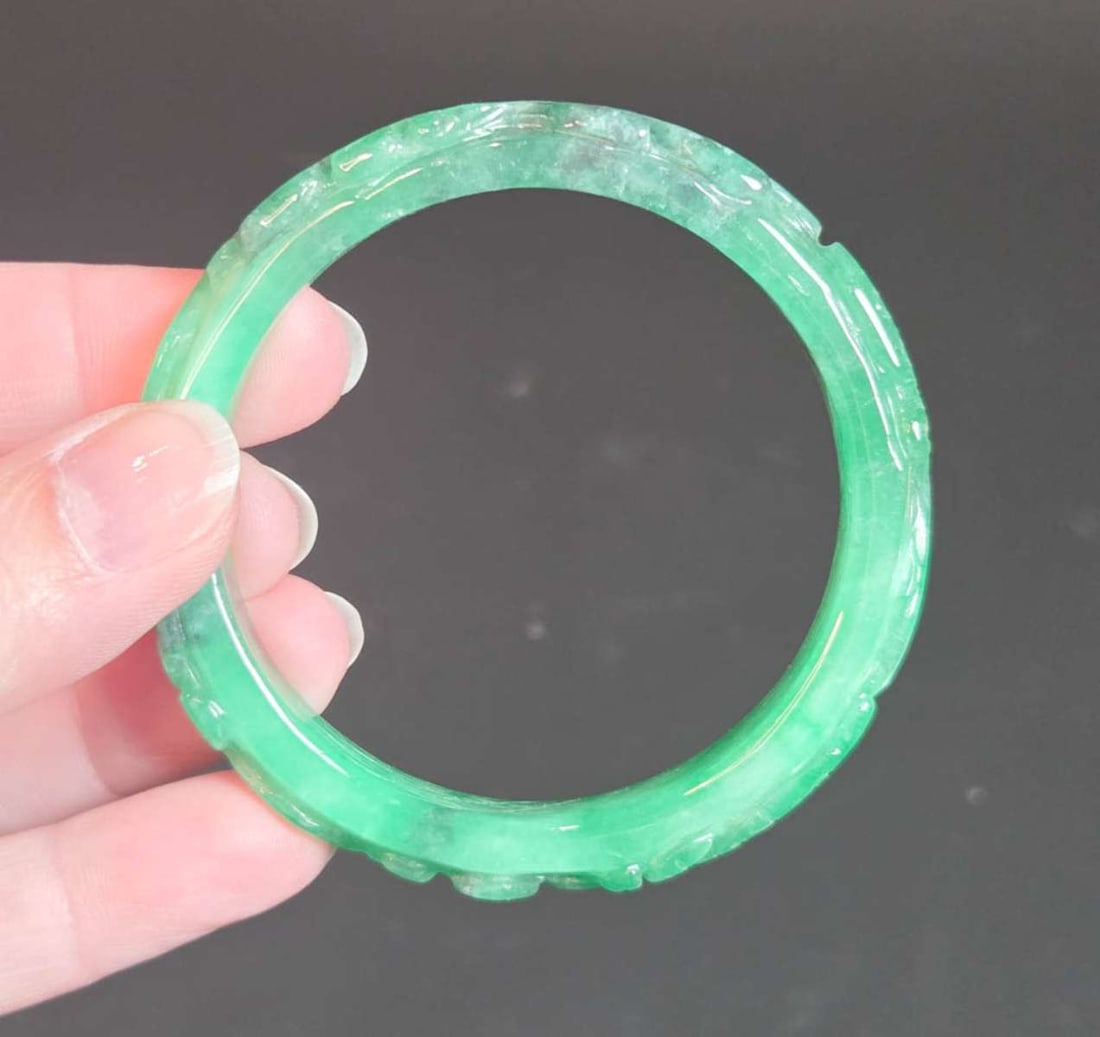 vintage estate jewelry: Jade bracelet: vintage or antique beautiful mostly vibrant light green - with some white and Spinach dark green - Jade (or Jadeite or Peking Glass?) chunky bangle bracelet, carved with raised abstract floral o