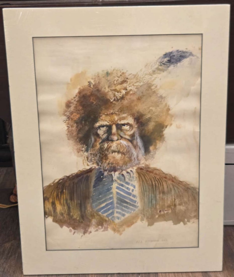 large original 1970s Western themed watercolor portrait: signed Mitchell lower right as shown and dated 1975 (possibly Arthur Roy Mitchell, American born 1889 to1977??) and pencil named Old Mountain Man and depicting a cowboy with a serious looking ma
