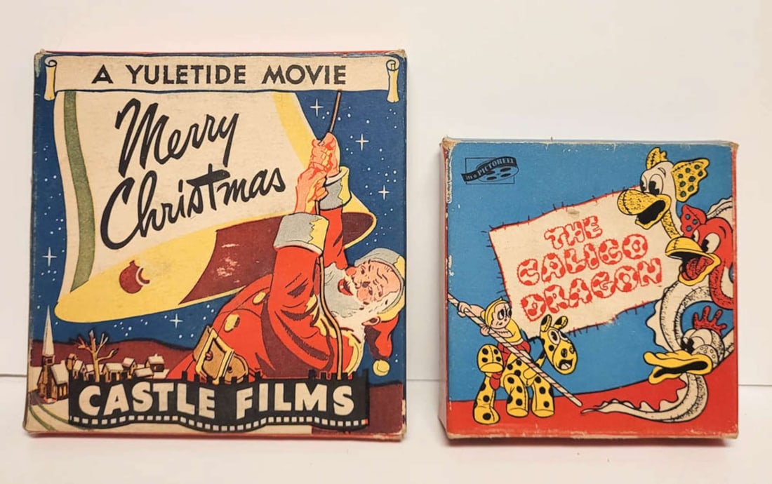 pair vintage 8mm film reels: first an 8mm Castle Films A Yuletide Movie Merry Christmas and the second a Harman-Ising's 1935 The Calico Dragon8mm film reel about a quilt coming to life and it was the first MGM cartoon nomina