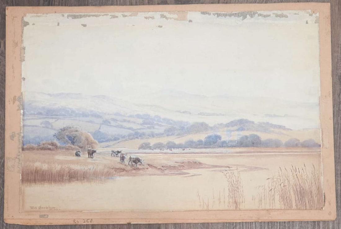 signed British watercolor painting cattle in landscape: watercolor painting on paper and laid on heavy cardstock, this is a beautifully done rolling hills scene with cows drinking water from a lake with reeds or cattails, signed lower left as s