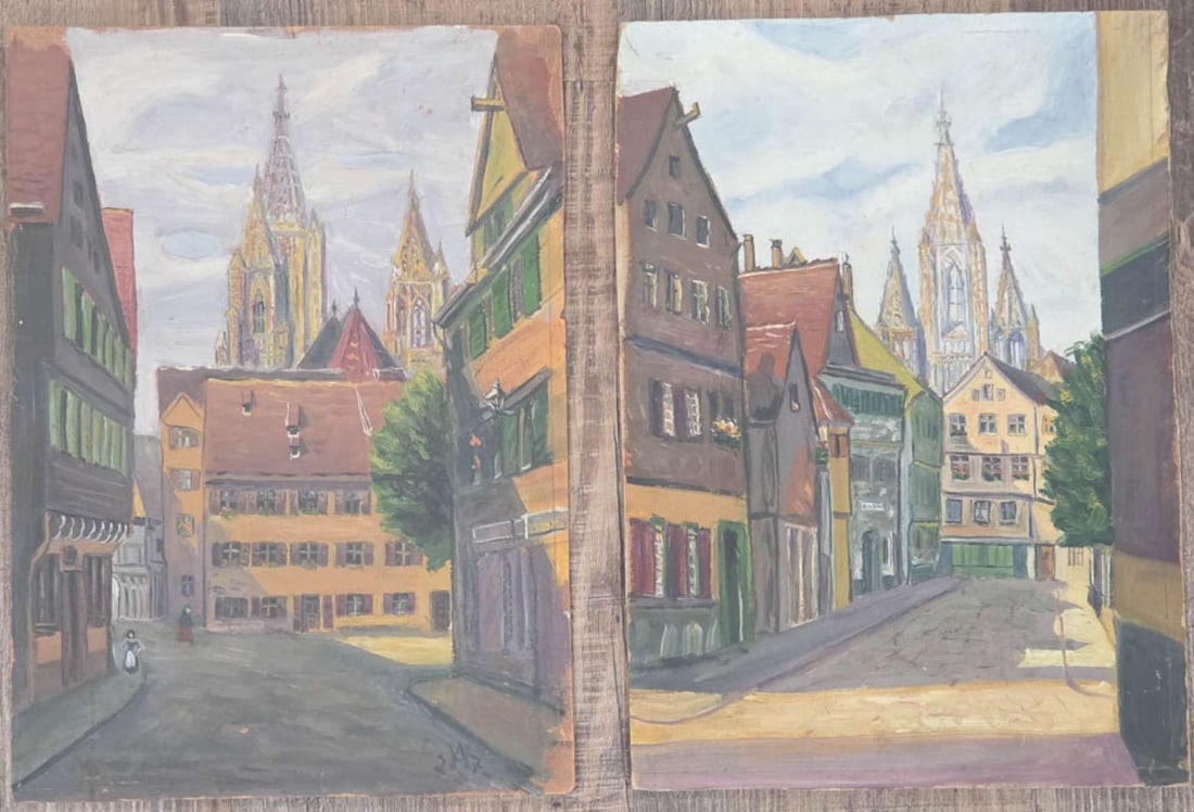 PAIR vintage original paintings streetscenes: signed illegibly, pair of matching cityscape paintings, likely of a German town and depicting house and a church or cathedral, rear with address of Mrs Lewandowski in Philadelphia (m