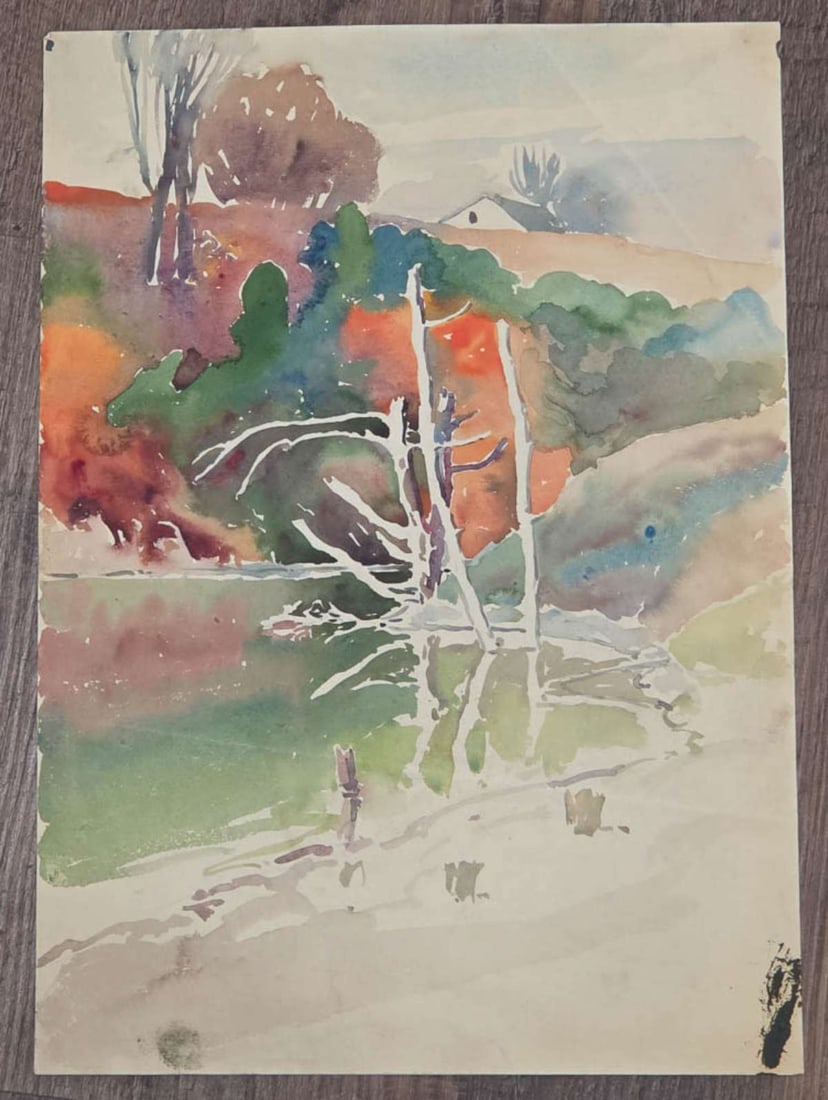 antique watercolor painting trees: vintage or antique watercolor painting on paper depicting a hill with trees, a small lake and a house in the background, unsigned but same style/paper as the estate lot of the previous pai