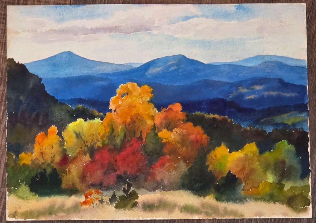 antique watercolor painting trees and hills: vintage or antique watercolor painting on paper with beautiful vibrant Fall colors and depicting hills or mountains in the background with trees, unsigned but same style/paper as the estate lot 