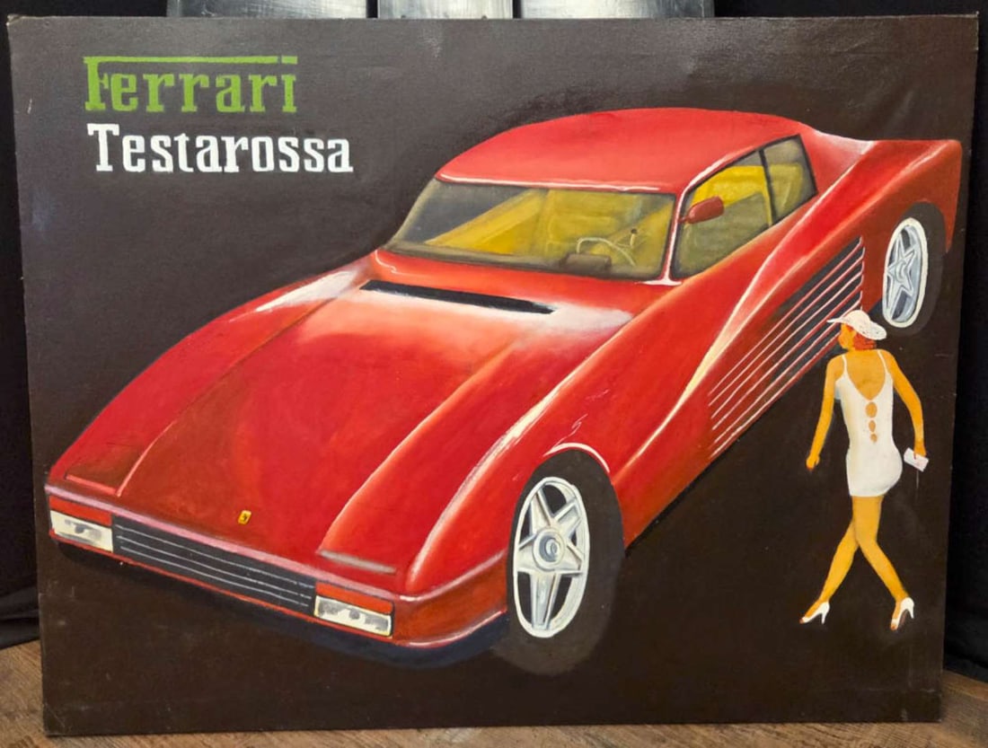 Thomas Cibort large original vehicle painting: large unframed painting on canvas, depicting a red Ferrari Testarossa car, unsigned but from the same estate as the previous two paintings in the same style done (signed) by Thos Cibort (T
