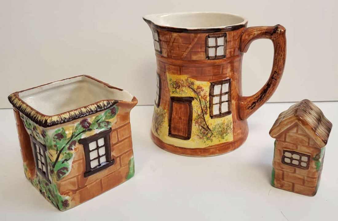 vintage Price Bros. Cottage Ware dishes: vintage ca. 1940's Ye Olde Cottage box milk pitcher or creamer, salt or pepper shaker and large handled pitcher, made in Occupied Japan