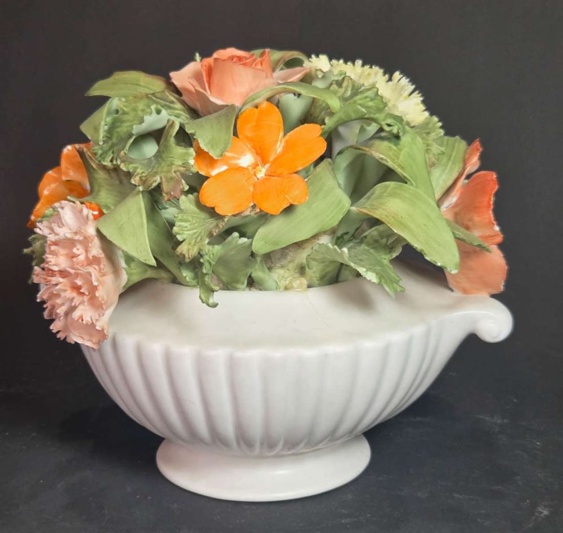vintage English porcelain and bisque floral sculpture: marked as shown Royal Adderley Floral Bone China Made in England and numbered, reeded handled planter pot or vase with hand painted realistic Carnations, Roses and other flowers about 6 1/
