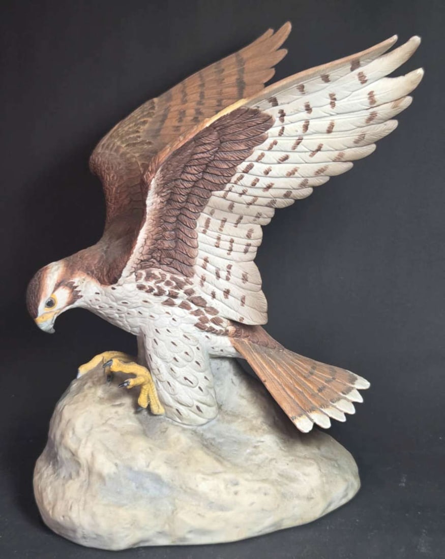 vintage figural animal liquor bottle: Ski Country limited edition Prairie Falcon 1980 decanter by Golden Colorado and made of bisque or porcelain and shaped like a bird about to land to catch his prey about 11 3/4" high by 9" lo