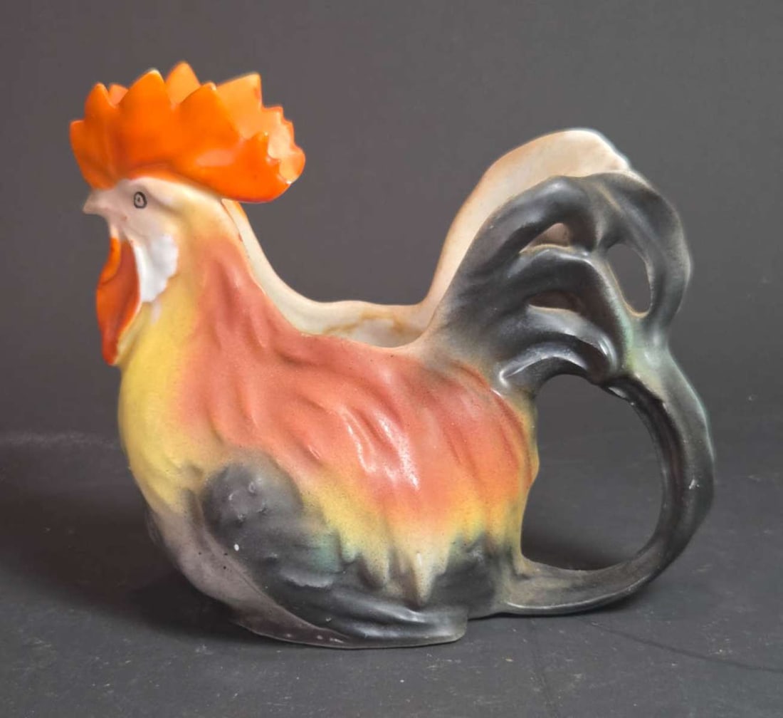 antique Royal Bayreuth German figural porcelain: antique milk creamer or small pitcher shaped like a Rooster and marked as shown underneath aprox. 5" long