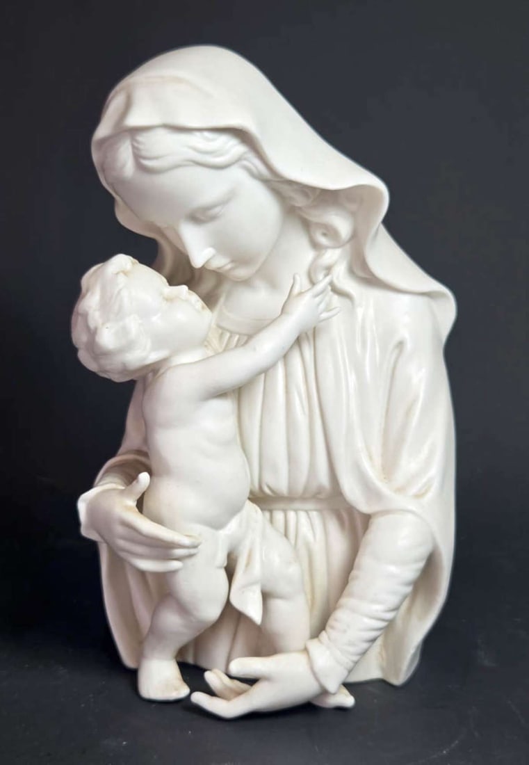vintage devotional religious figural statue: vintage or antique porcelain Mother or Virgin Mary holding the baby Jesus Christ, marked with numbers on the bottom as shown