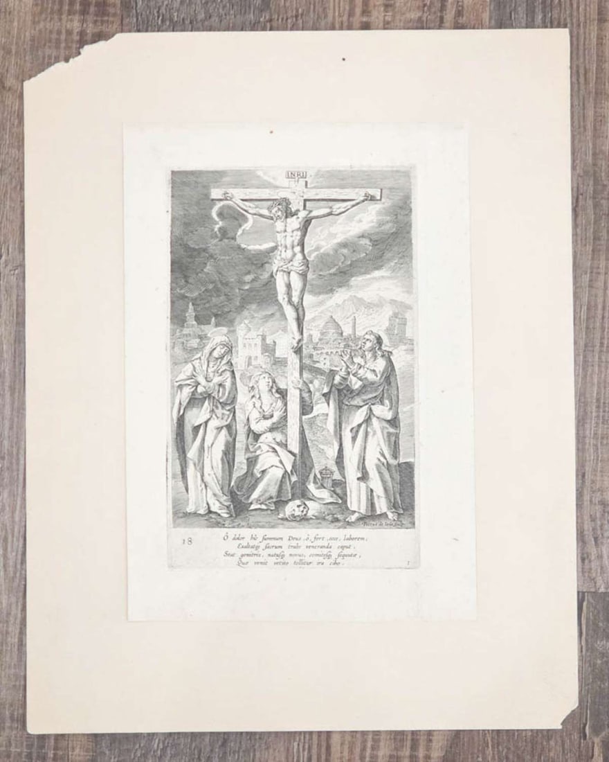 antique religious engraving Jesus Christ: antique book plate engraving (numbered 18) from a series of the Stations of the Cross, depicting the Crucifixion of Christ with the Virgin Mary, Saint John the Evangelist and Mary Magdalen