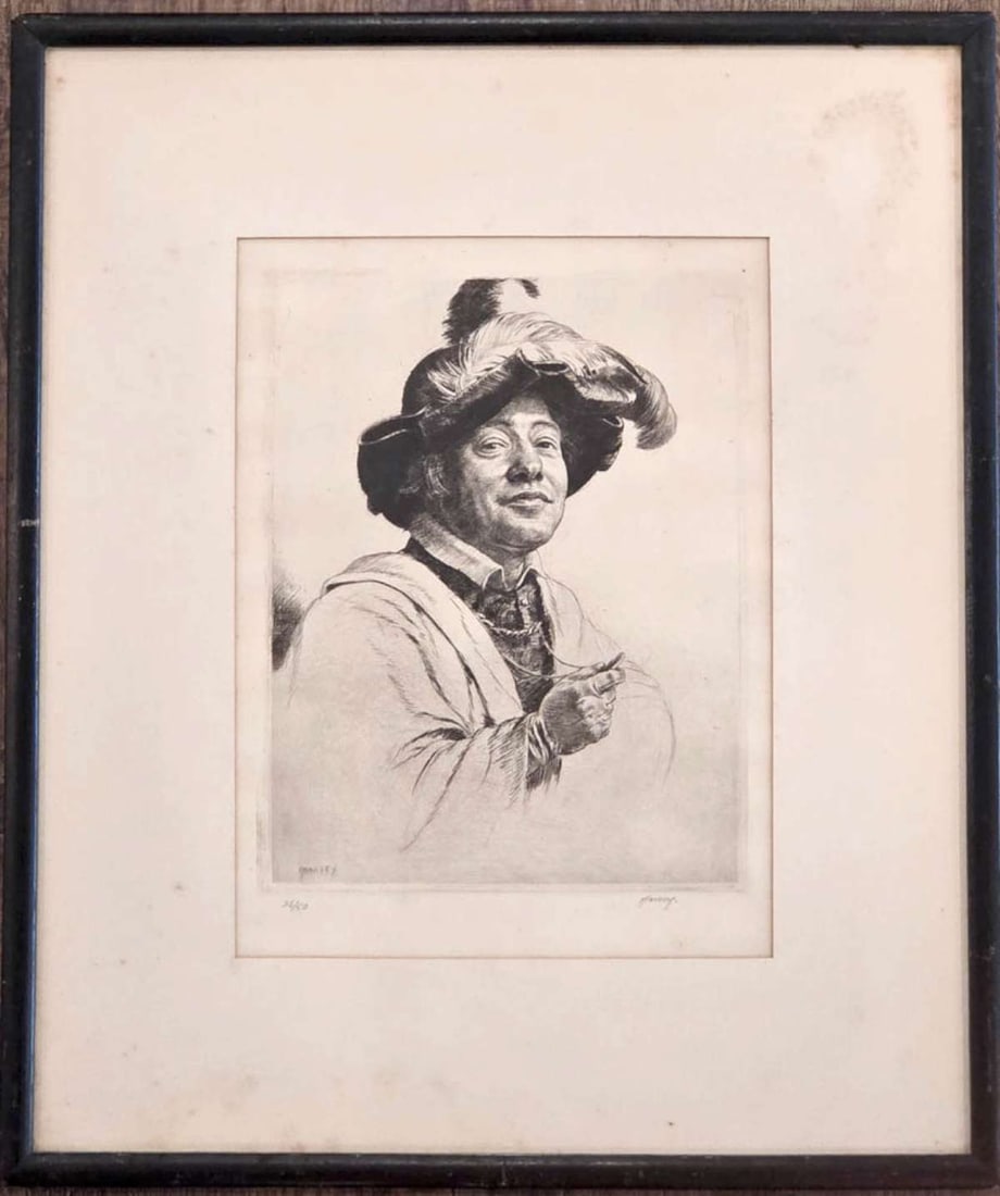 RARE English artist etching A Gentleman of Fortune: paper label on the reverse, ca. 1920's limited edition numbered 26 of 50 and signed in the plate lower left and pencil signed lower right, framed and matted print depicting a gentlema