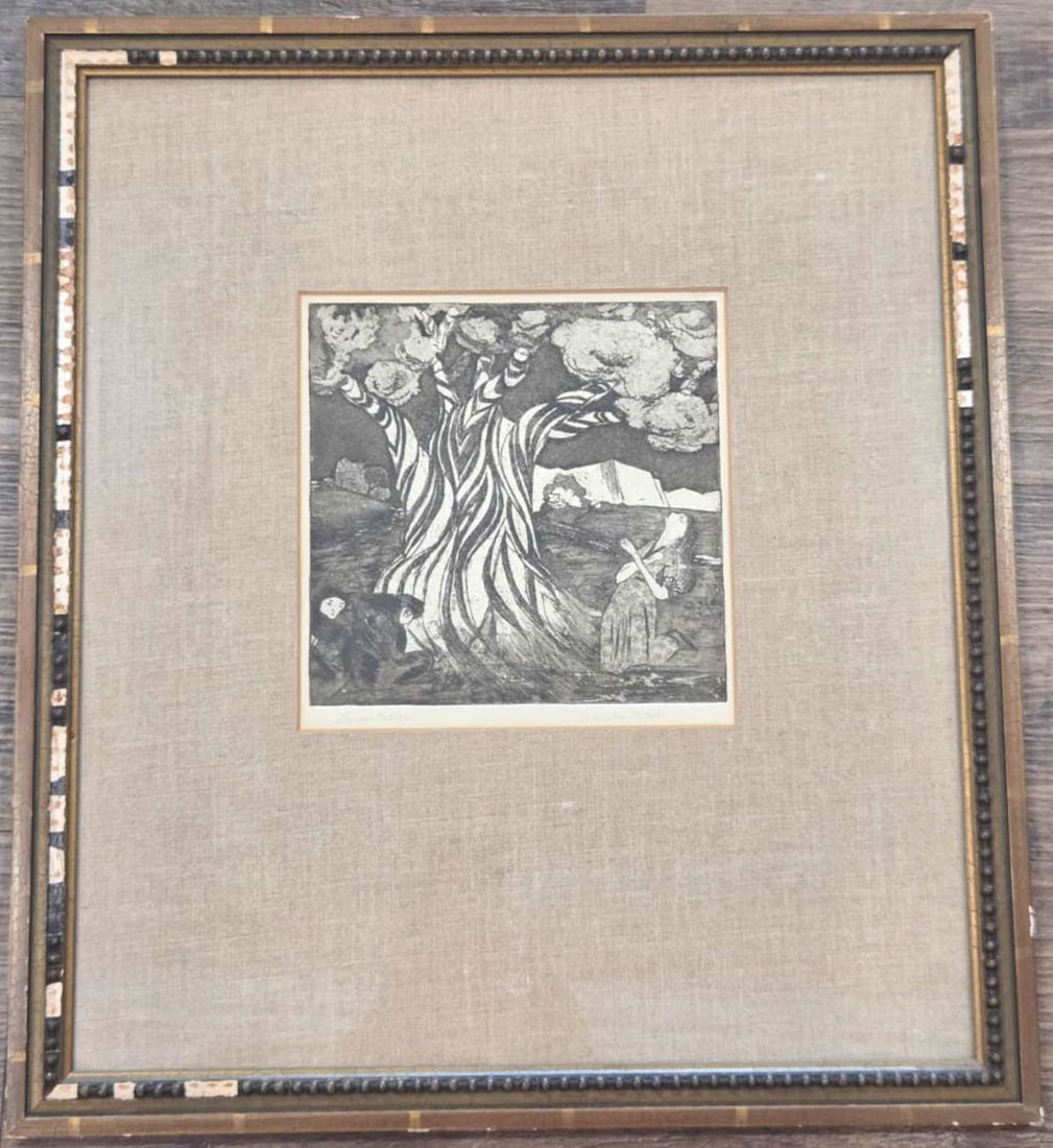 vintage Brutalist woodblock print in frame Lamentation: Linocut or wood cut print pencil signed Marsha Moss and titled Lamentation, Expressionist scene of a zebra striped tree with people, linen matte with carved wooden frame frame about 18 7/8
