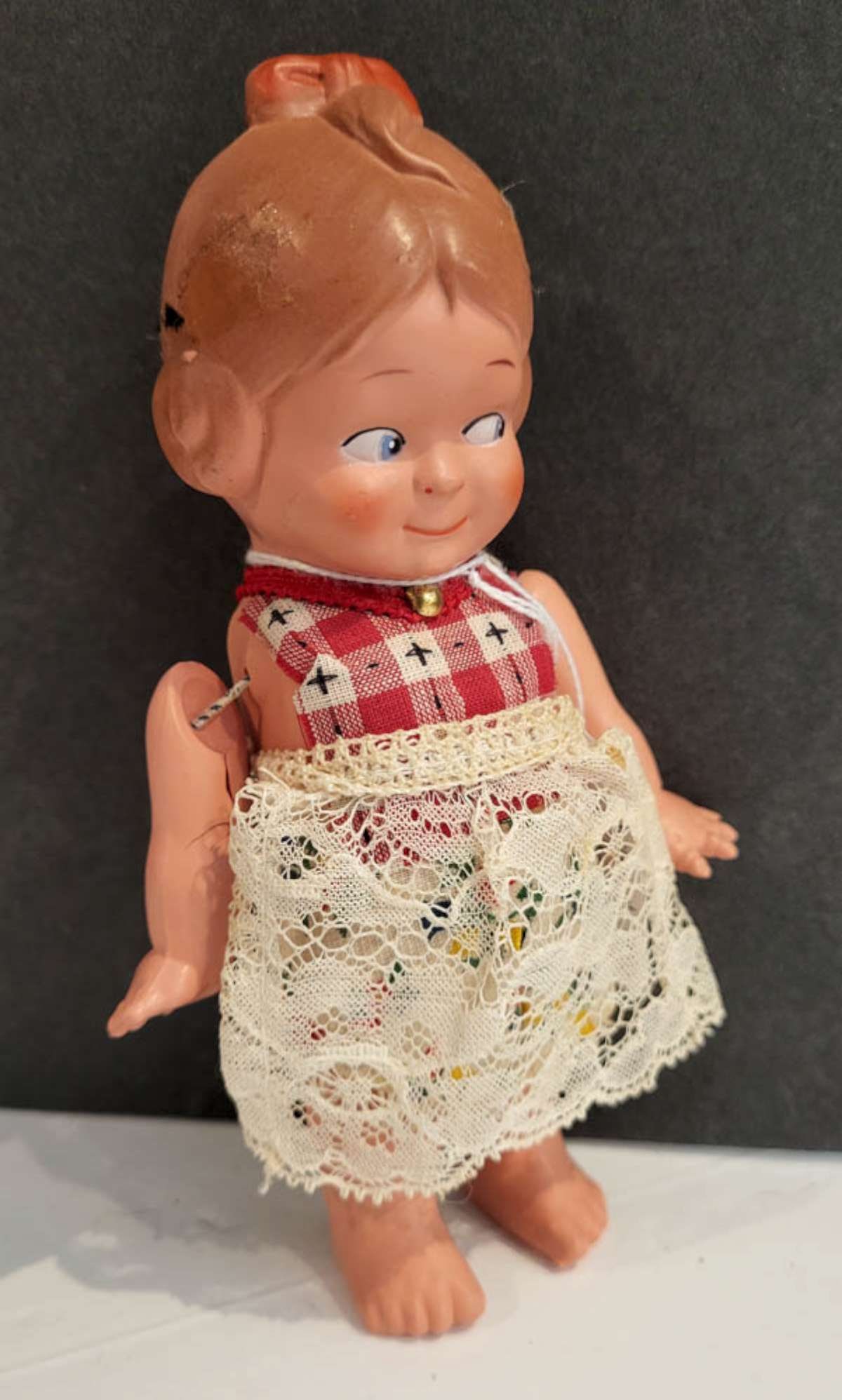 vintage or antique German celluloid doll: turtle mark on her back, Schildkrot doll with Googly or flirty eyes about 7" tall