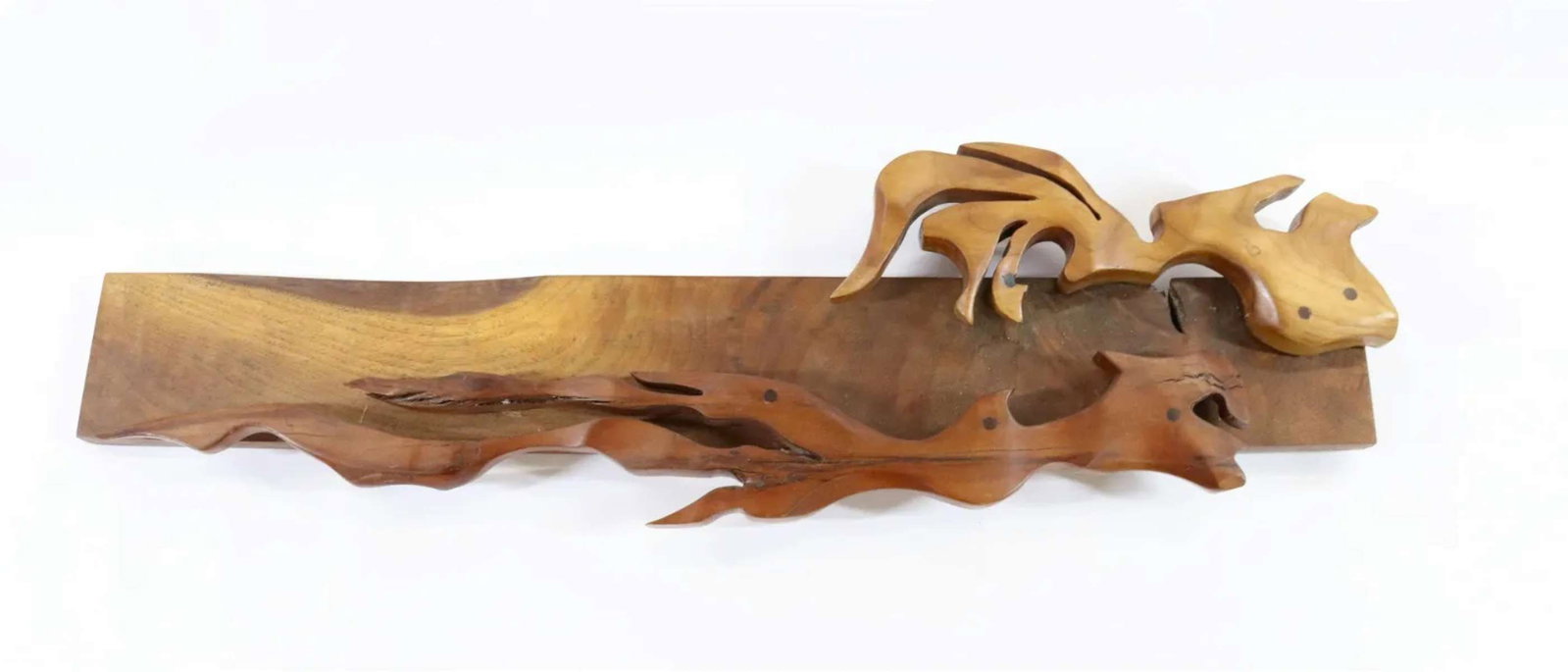 vintage MCM carved wooden wall sculpture: beautiful stained wooden board with two doweled applied carved wooden abstract fish (fancy Goldfish or Koi?), Mid Century Modern style 26" long by 7 1/2" high
