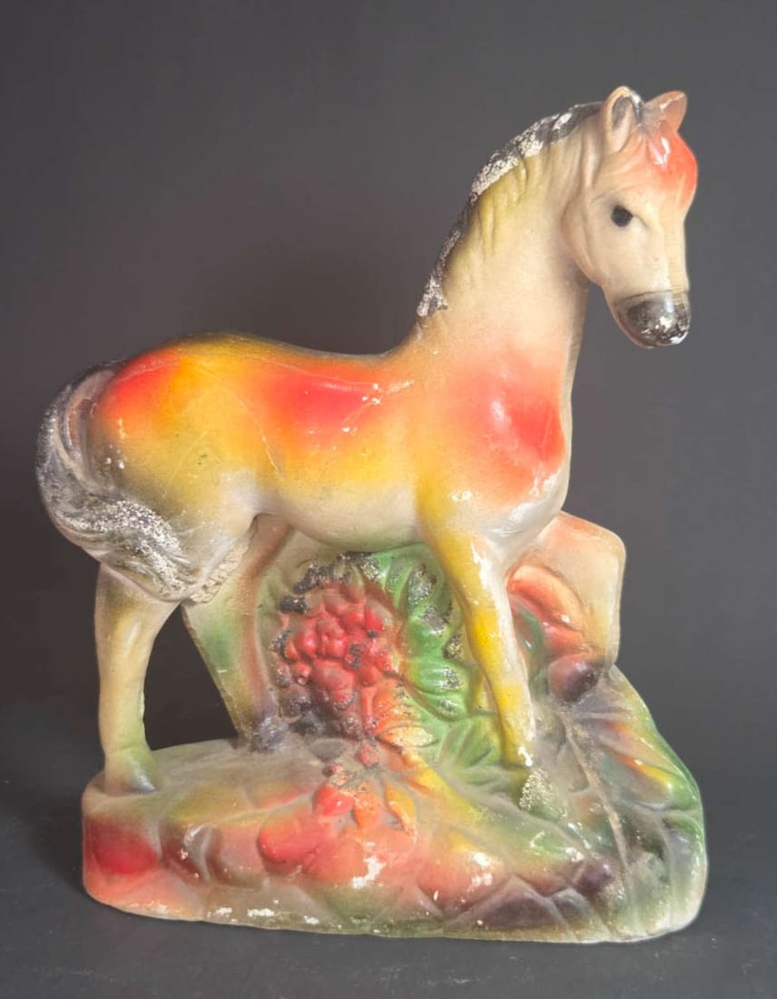 vintage chalkware animal: vintage or antique carnival prize, hand painted and shaped like a horse about 8" long by 10 1/4" high