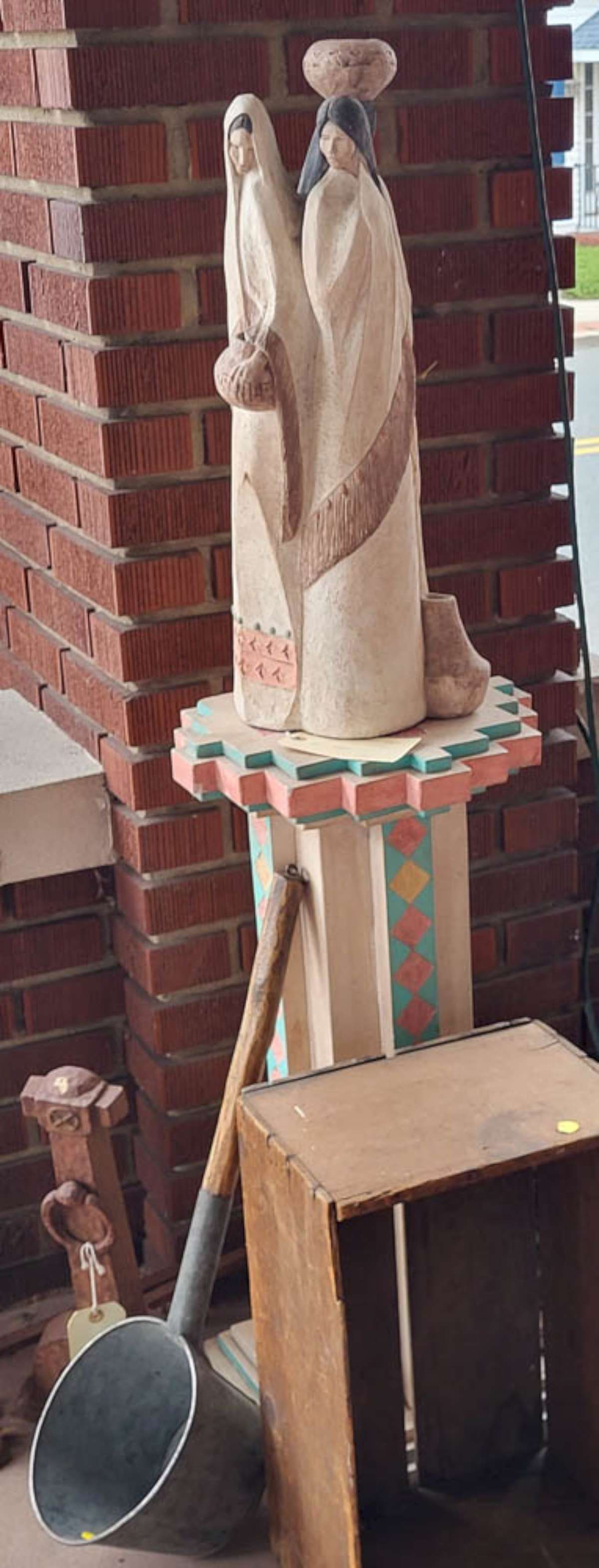 vintage Austin Productions Southwestern statue: sculpture titled Earth, Wind and Fire from the Acoma Collection ca. 1988, terracotta composition figural piece depicting three Native American Pueblo women and on a matching pedestal base