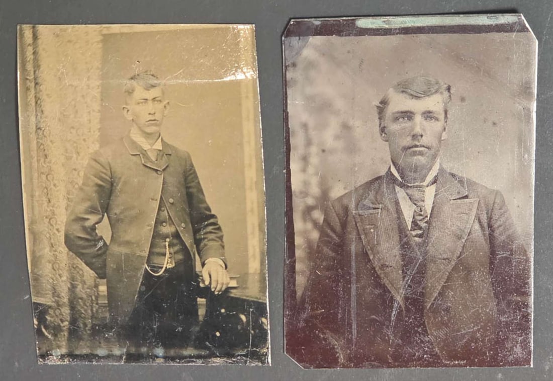 pair antique tintype photographs: set or lot of two ca. 1890's tintype photographs, one more sepia toned, the other a black and white portrait photograph, both of young men about 3 1/4" high