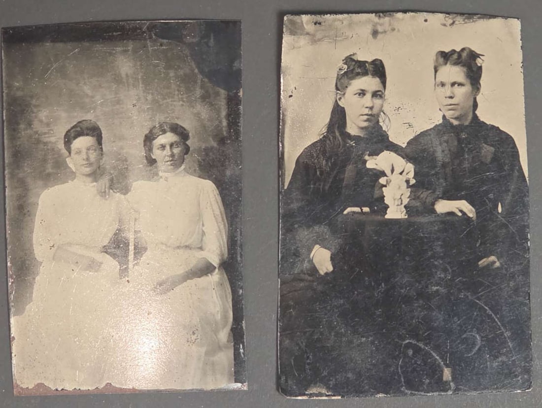 pair antique tintype photographs: set or lot of two ca. 1890's tintype photographs, both black and white portrait photographs, presumably of 2 sets of sisters or female family members one pair in white dresses, 