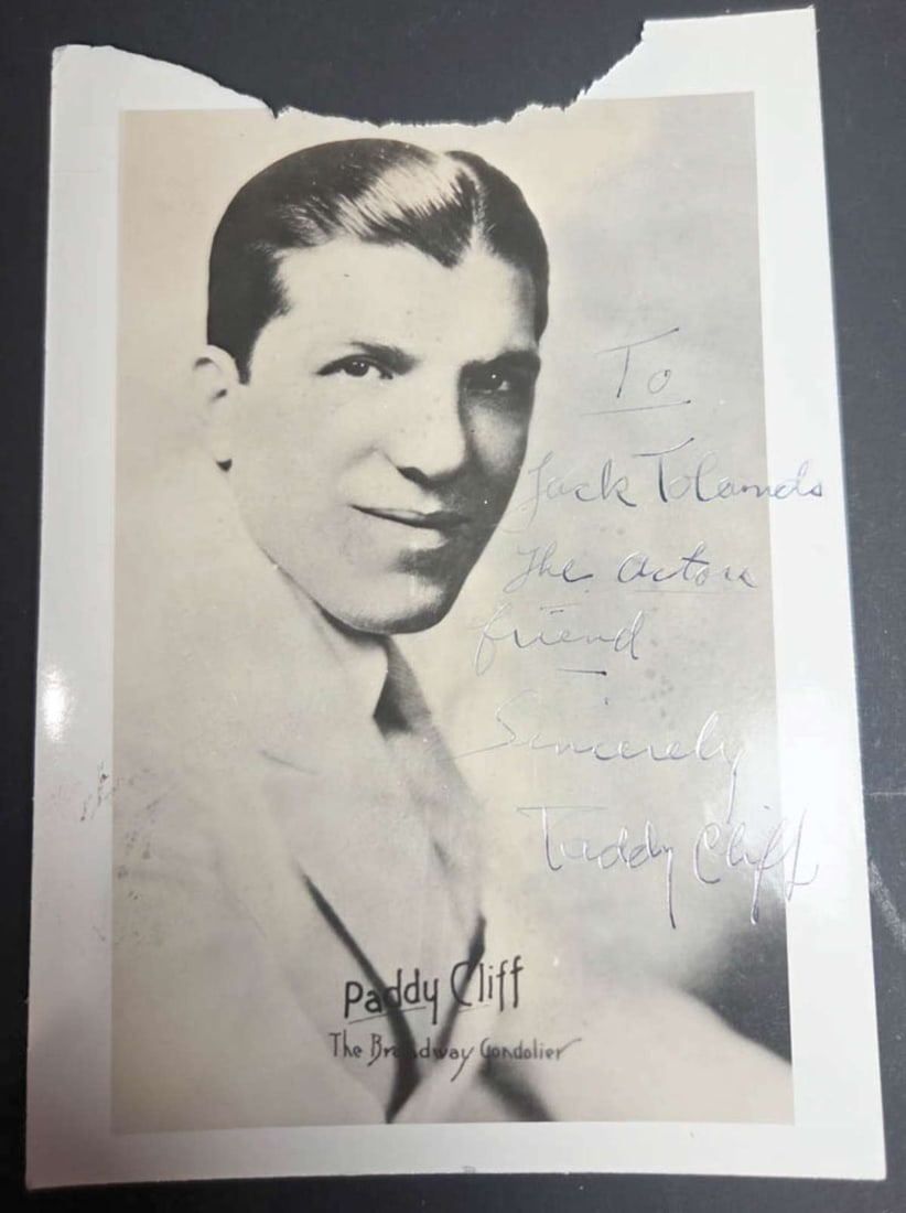 vintage signed publicity photograph comedian: original vintage autographed photograph for Paddy Cliff The Broadway Gondolier, with hand written pen ink text To Jack Tolunds The Actors Friend Sincerely and then his signature (please see all 